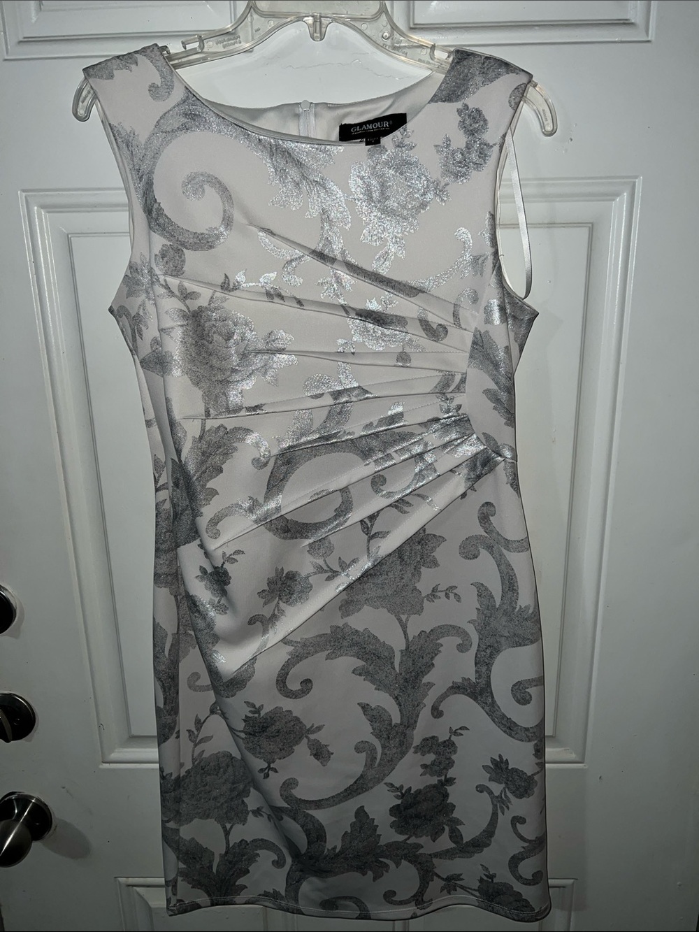 Glamour White Sleeveless Midi Dress with Silver Floral Metallic Print